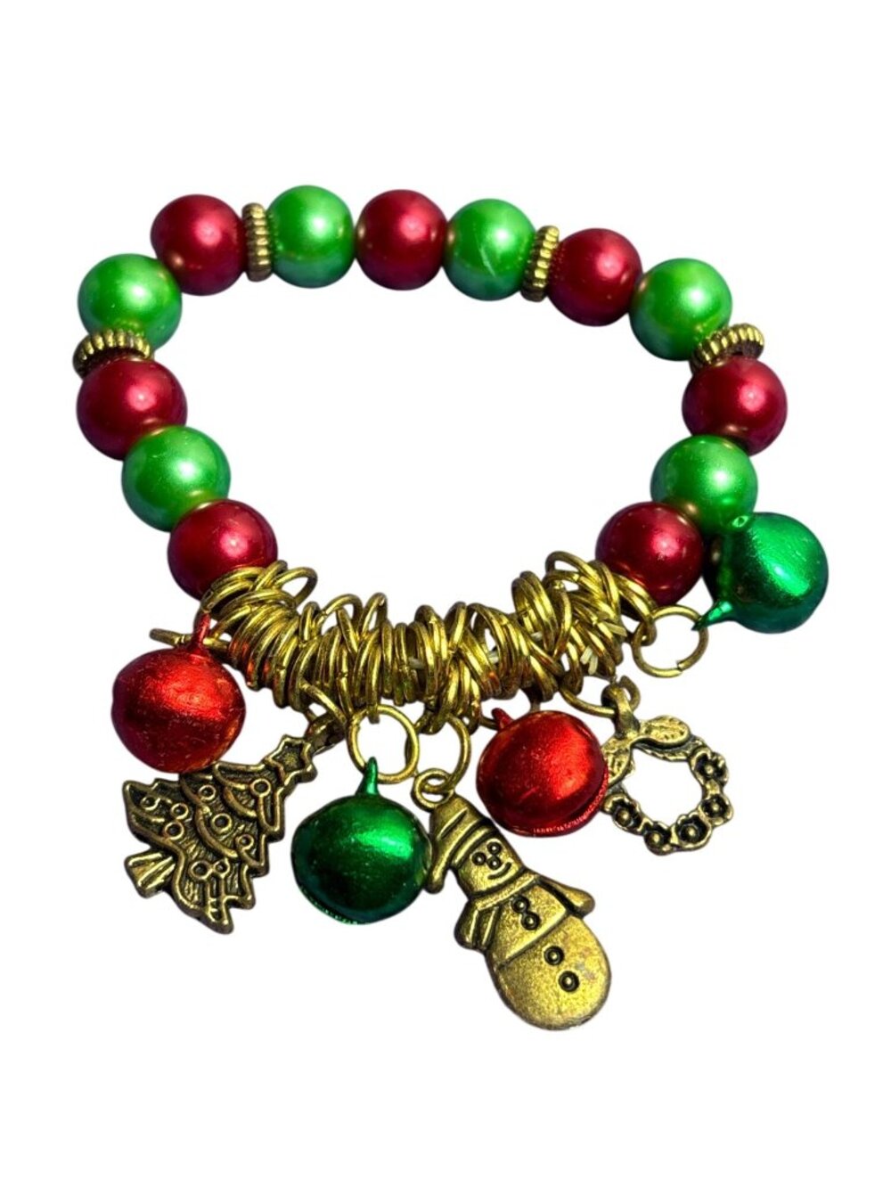 Vtg Jingle Bells Christmas Holiday Charm Bracelet Red Green Goldtone Beaded Tree